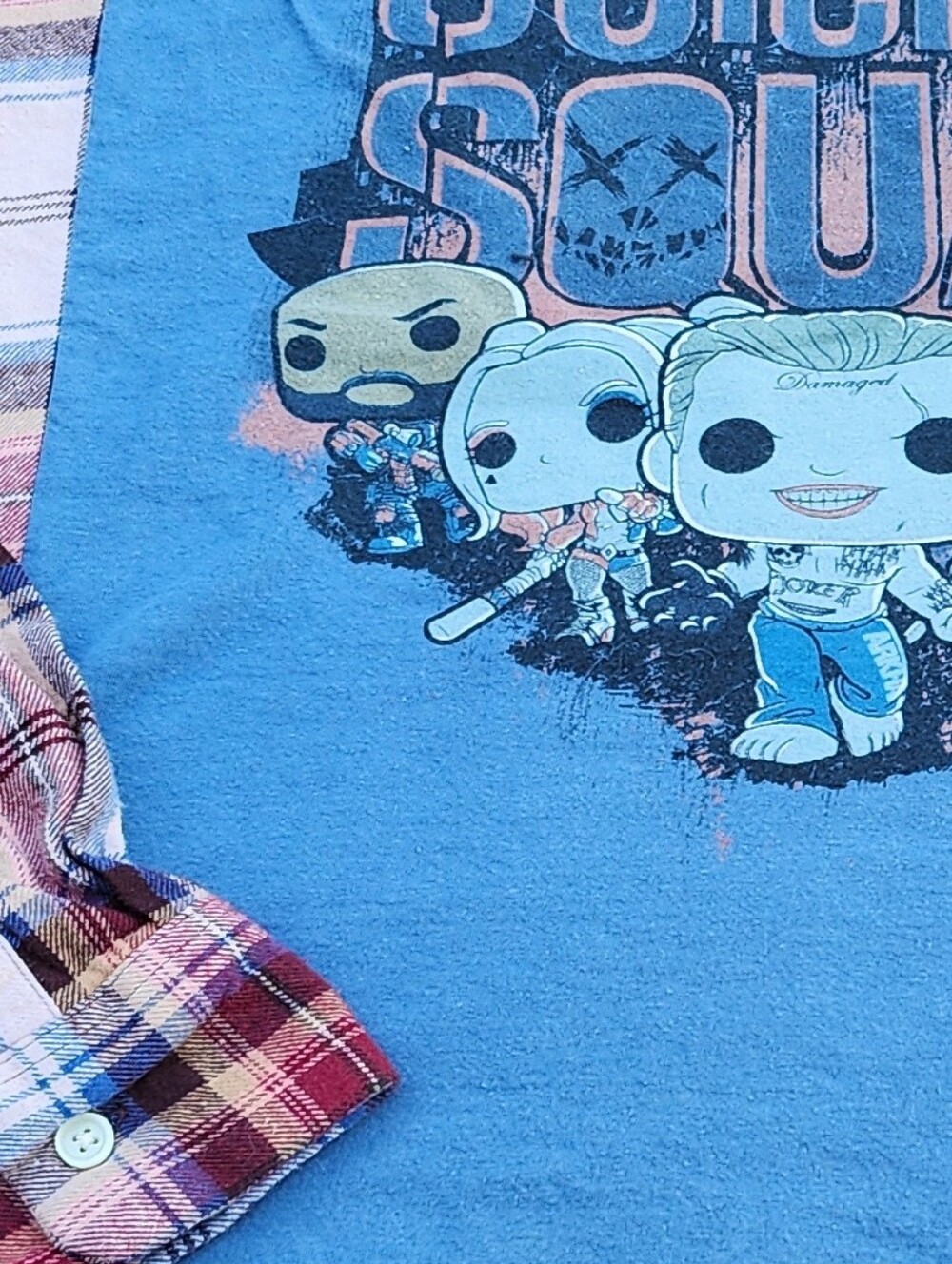 OOAK Suicide Squad Blue Graphic Tee With Plaid Flannel Sleeves Upcycle Repurpose